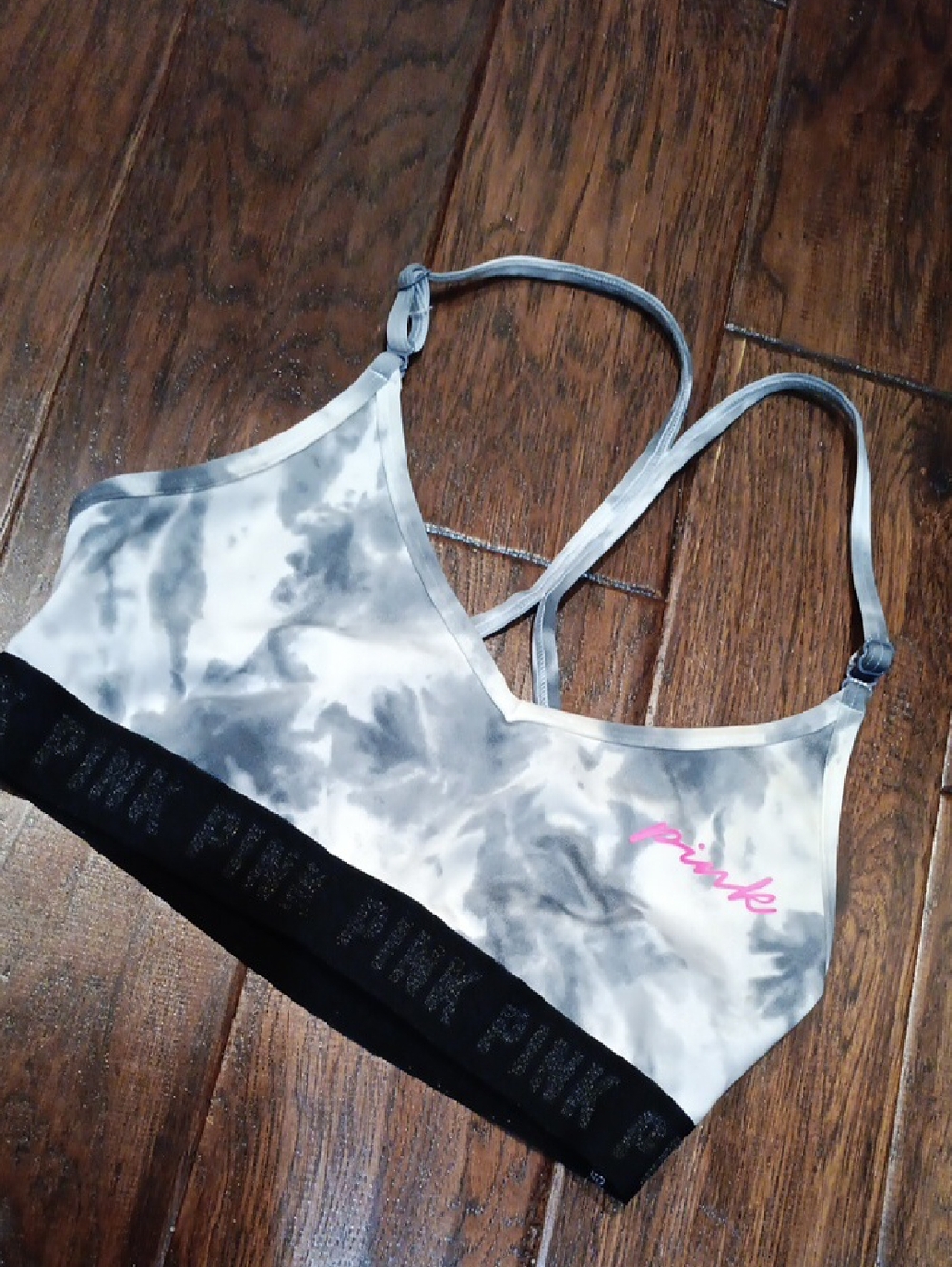 PINK Victoria's Secret Gray Tie-Dye Bralette with Black Band and Pink Logo